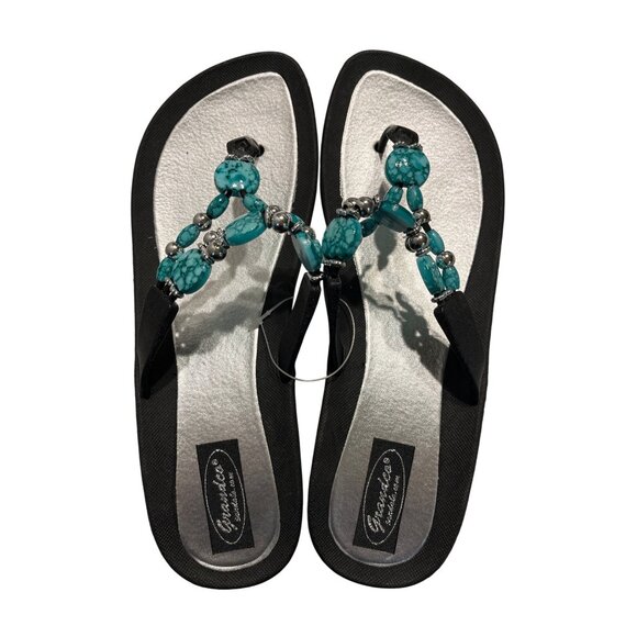 Beaded Womens Black Flip Flops Sandals With Turquoise Accent Size 11 - Picture 1 of 2